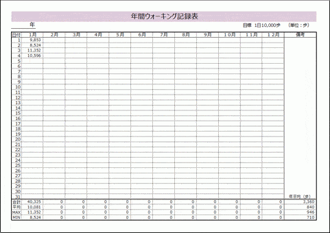 Excelで作成した年間ウォーキング記録表