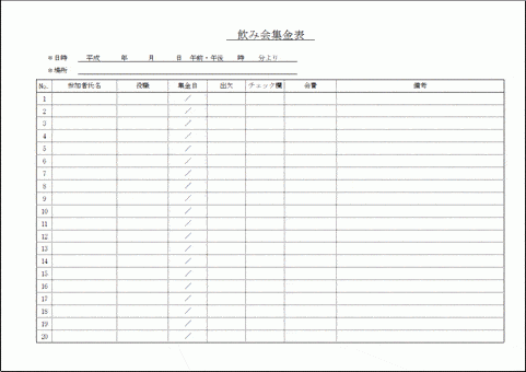 Excelで作成した飲み会集金表