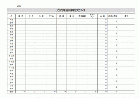 Excelで作成した光熱費通信費管理リスト