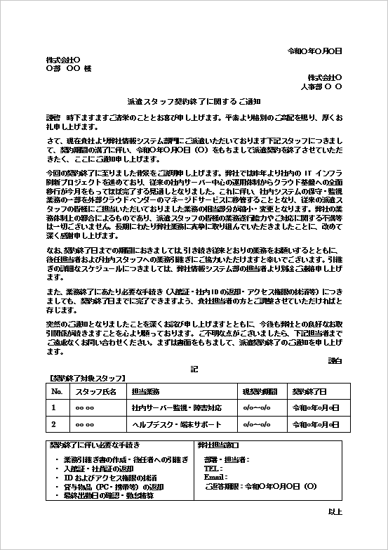 派遣スタッフ契約終了に関するご通知テンプレート｜情報システム部門向け派遣契約終了通知書