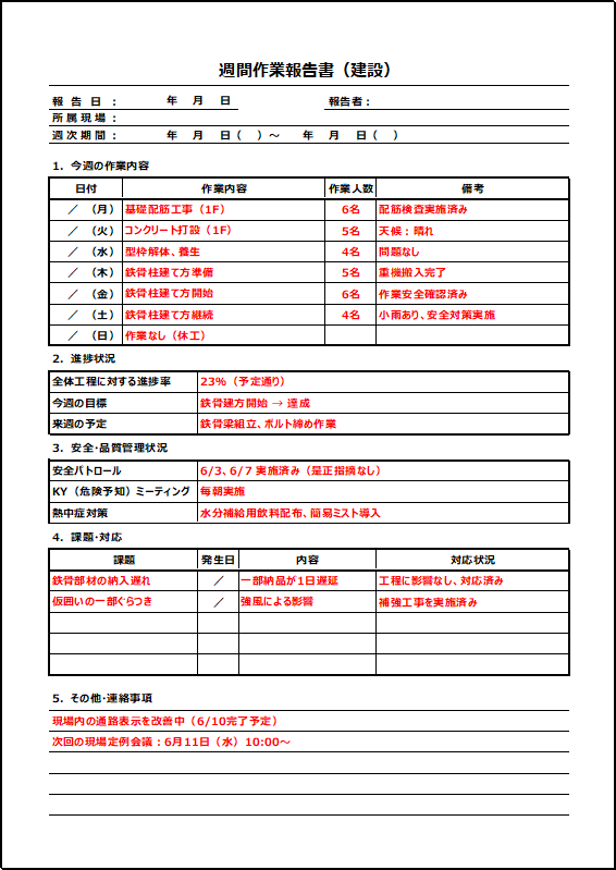 A4縦：建設業向けの記入例付き週間作業報告書テンプレート