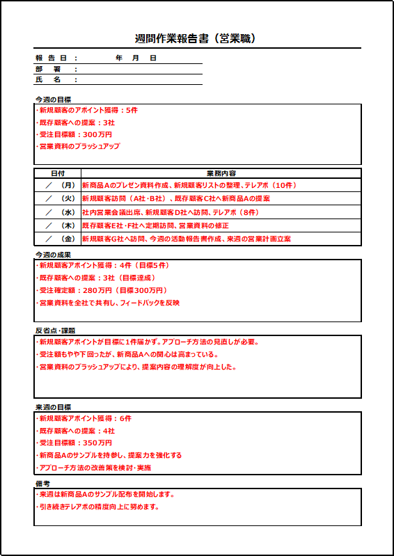 A4縦：営業職向けの記入例付き週間作業報告書テンプレート