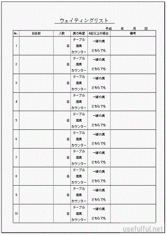 Excelで作成したウェイティングリスト